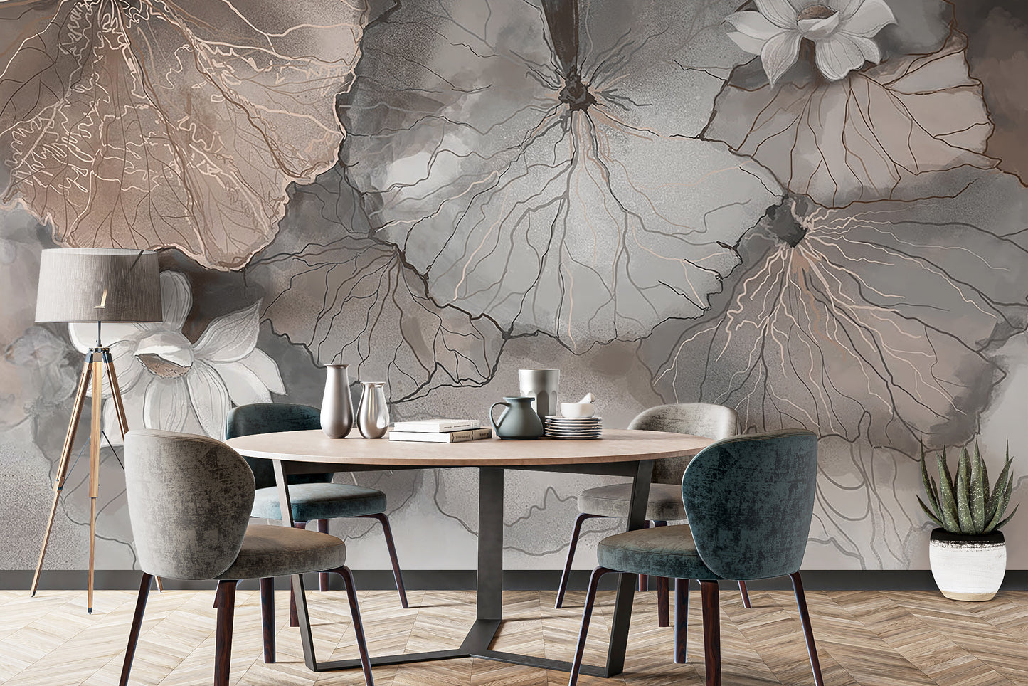 Elegant lotus leaf mural in peach tones
