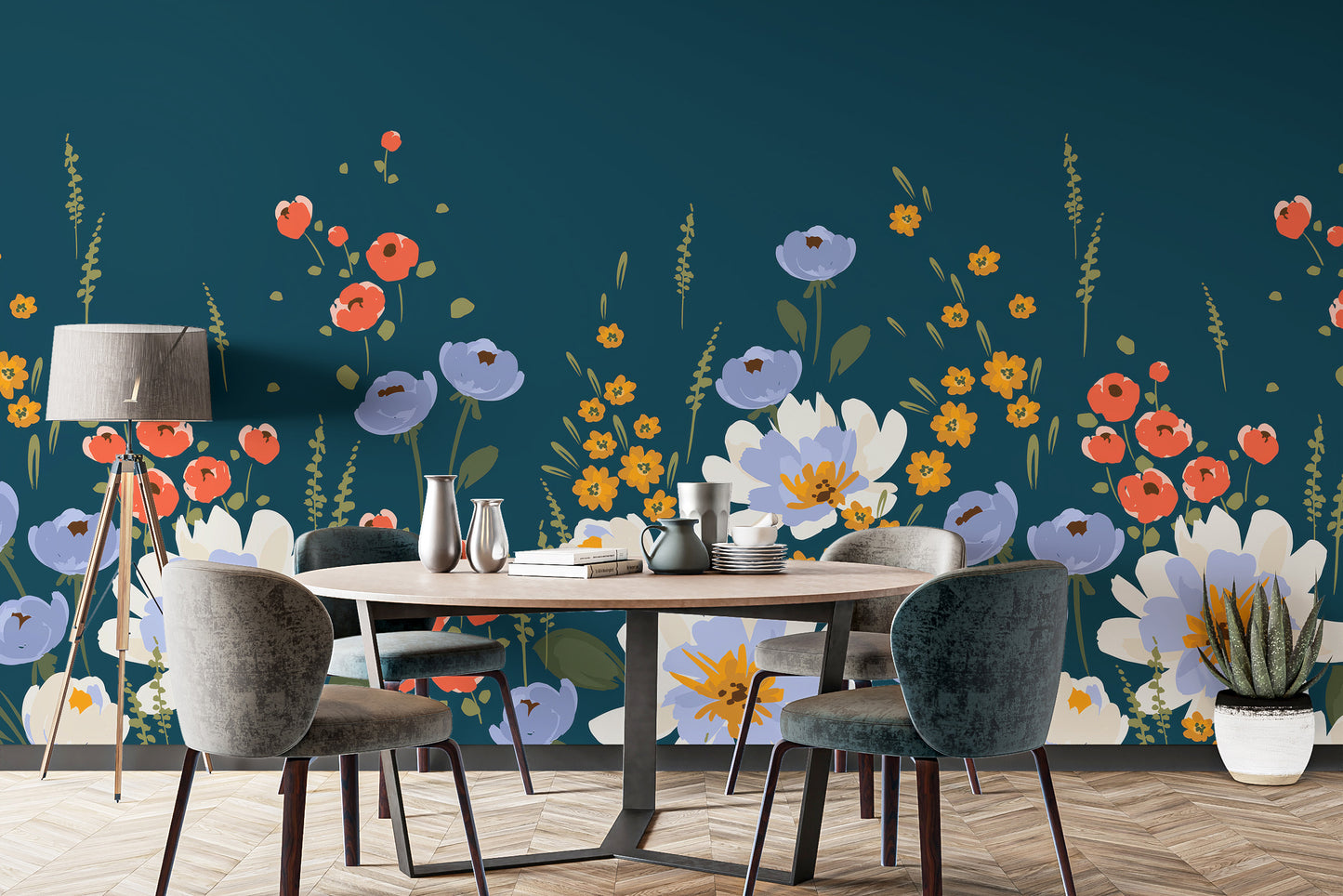 Elegant floral wallpaper mural for stylish dining areas.