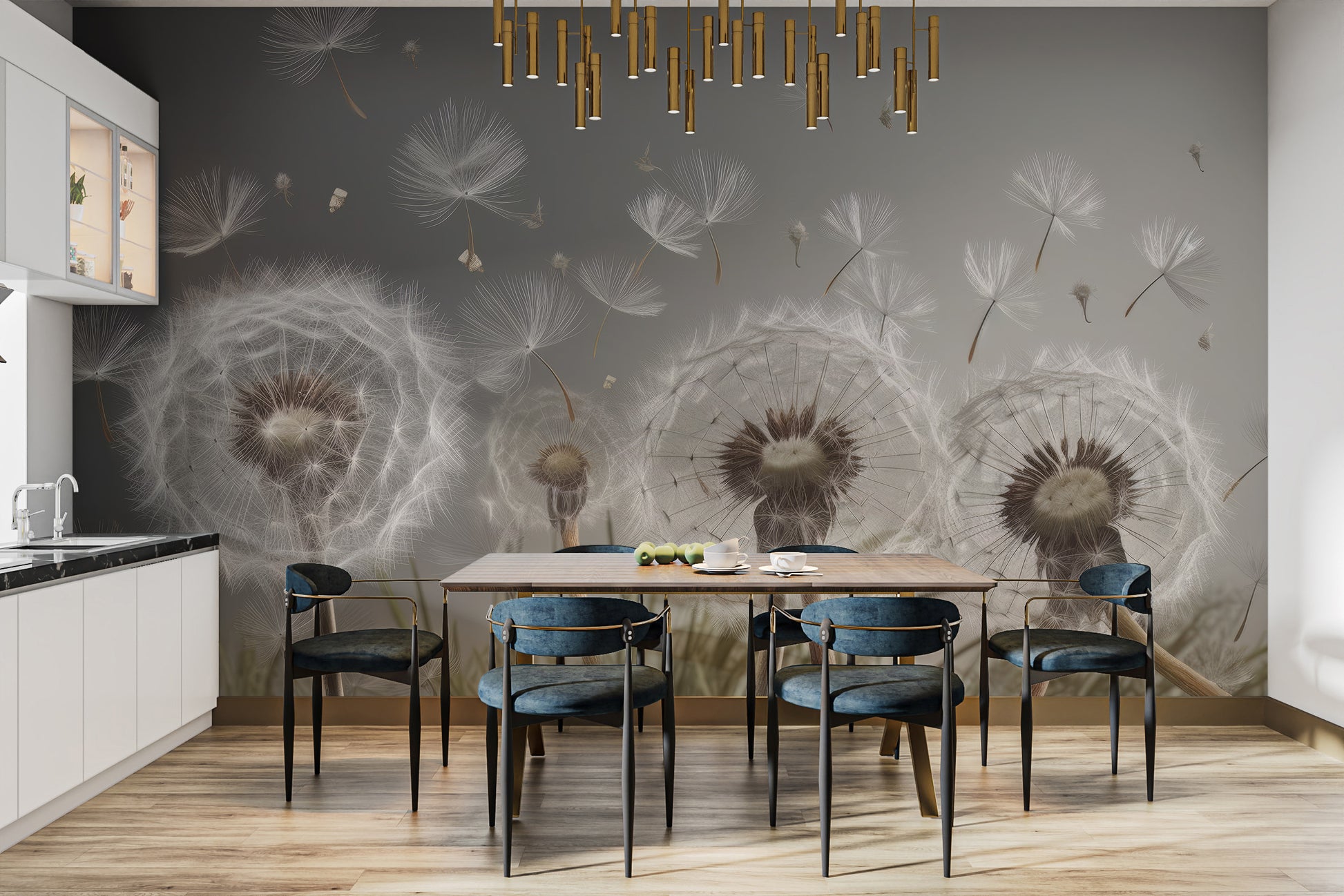 Sophisticated dandelion drifts wallpaper design