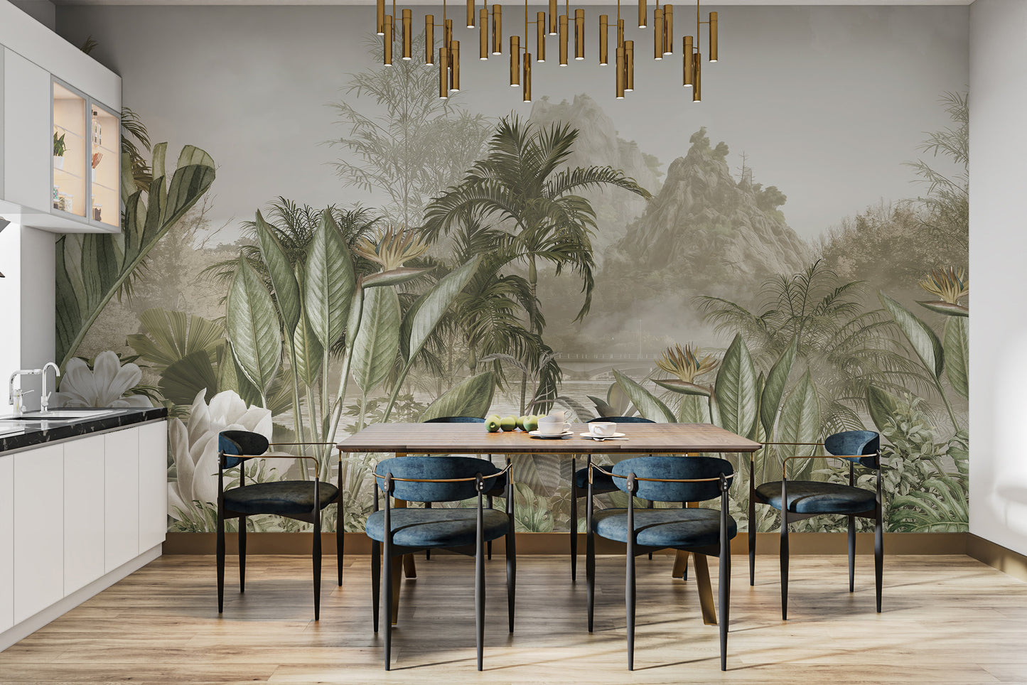 Elegant ethereal jungle panorama mural wallpaper for dining room walls.