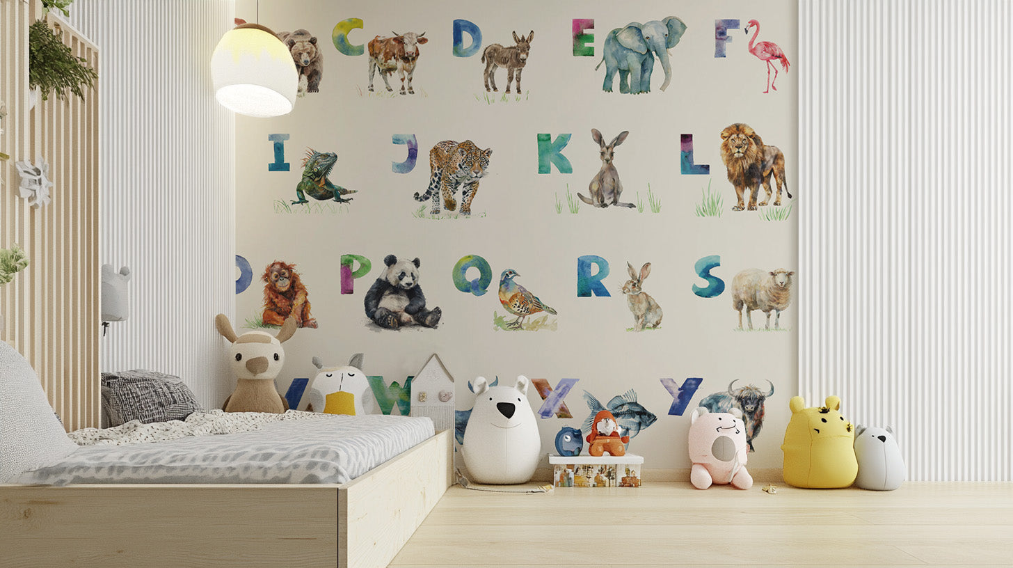 Vibrant Alphabet Menagerie Kids Wallpaper featuring watercolor animals.