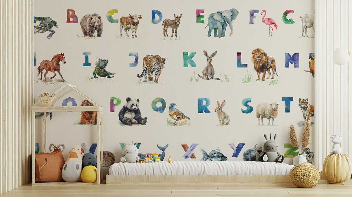 Playful alphabet-themed wallpaper with a menagerie of animal illustrations.