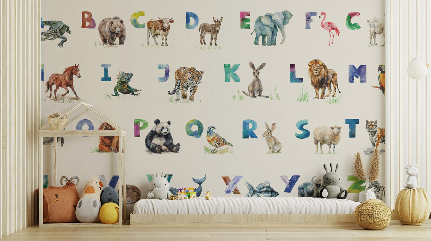 Playful alphabet-themed wallpaper with a menagerie of animal illustrations.