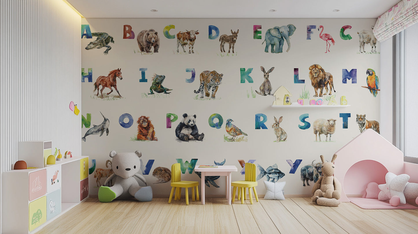 Watercolor Alphabet Menagerie Wallpaper for kids' room decor.