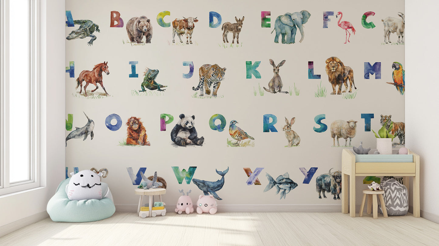 Kids wallpaper with a colorful Alphabet Menagerie of wildlife.