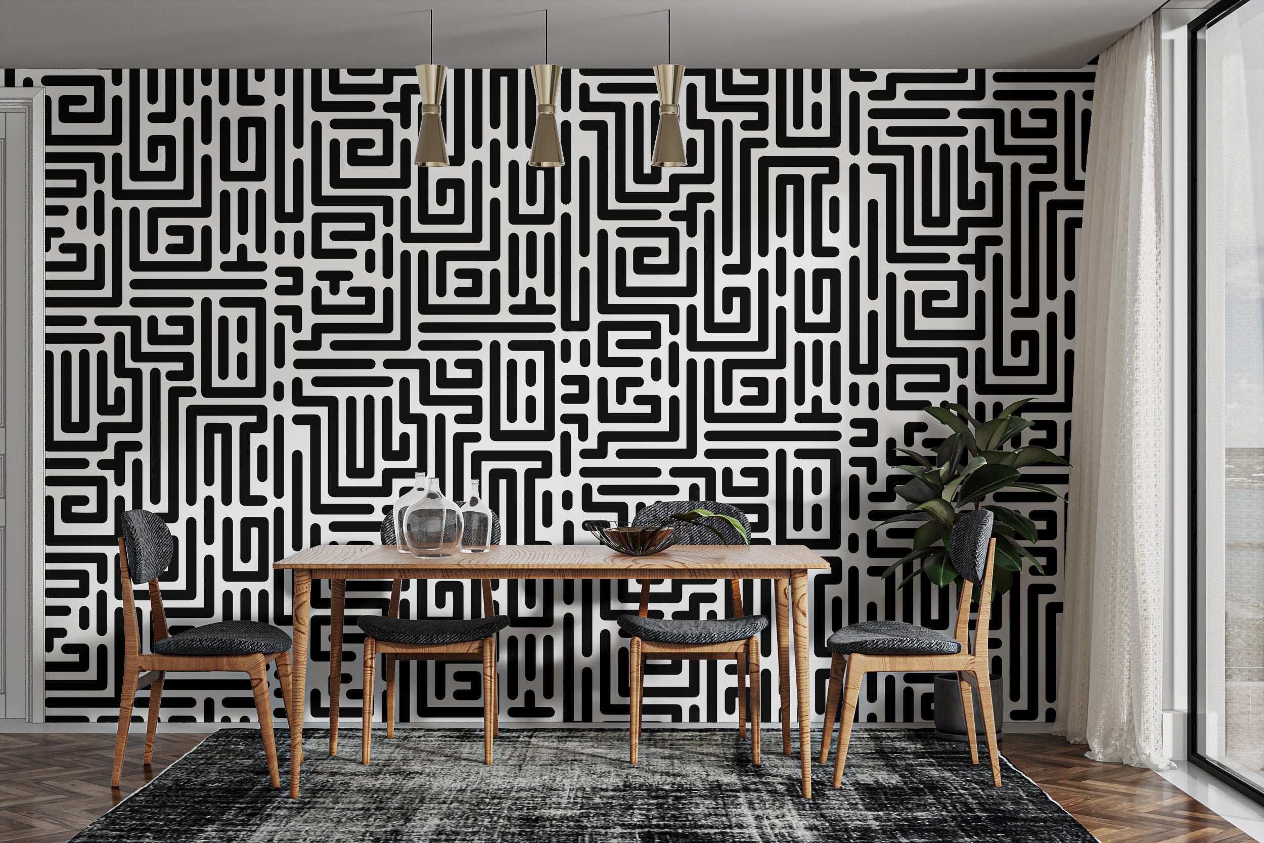 Intricate black-and-white geometric labyrinth
