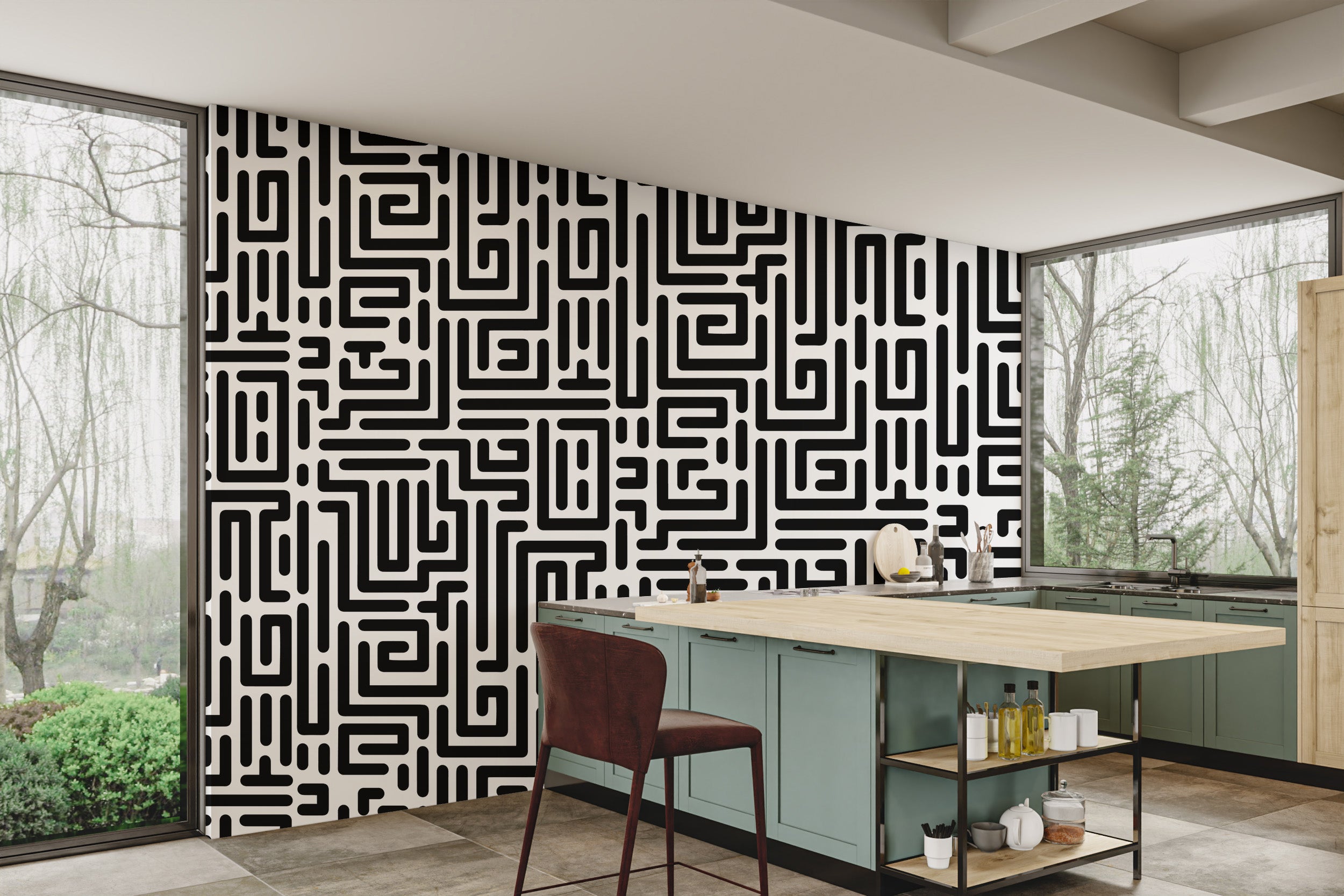 Modern geometric pattern with maze-like lines
