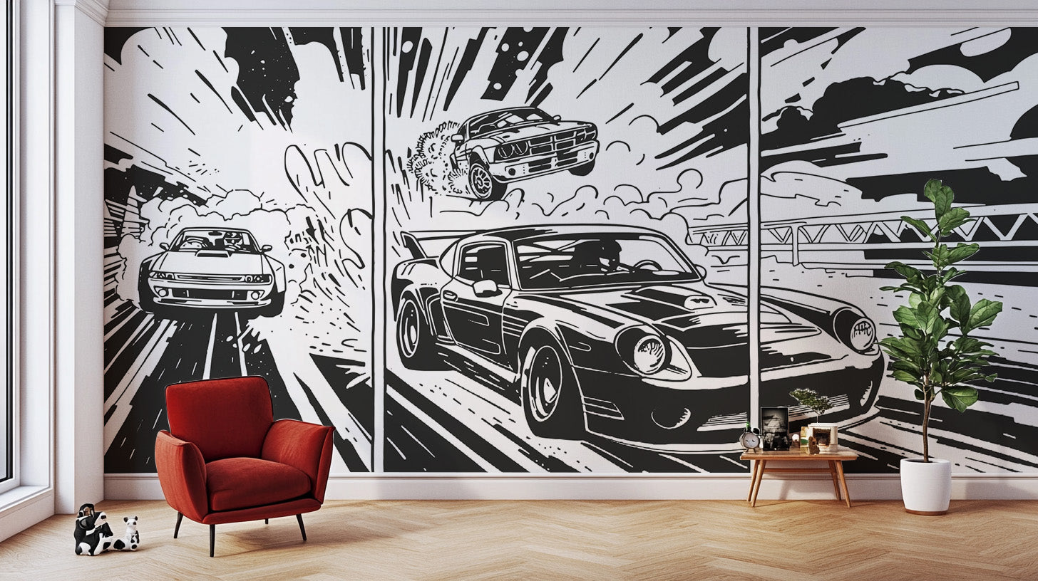 Retro muscle car with bold monochrome lines
