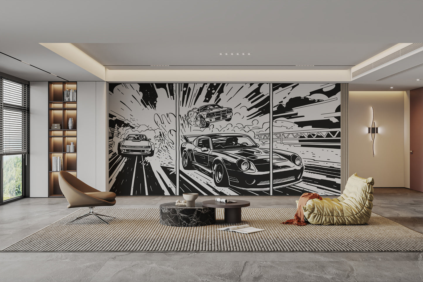 High-speed muscle car in black-and-white art
