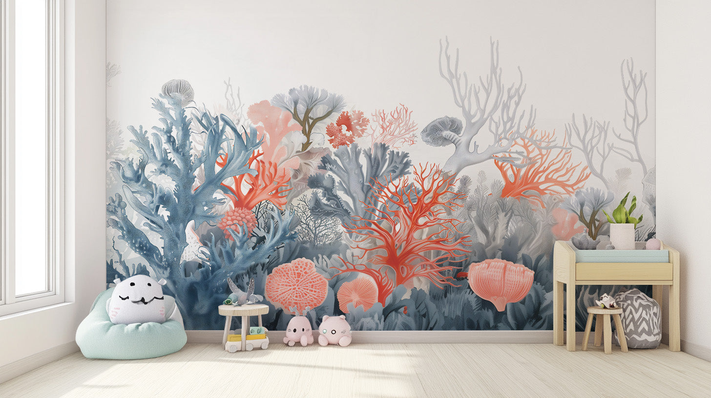 Oceanic-inspired coral reef wallpaper for modern interiors.