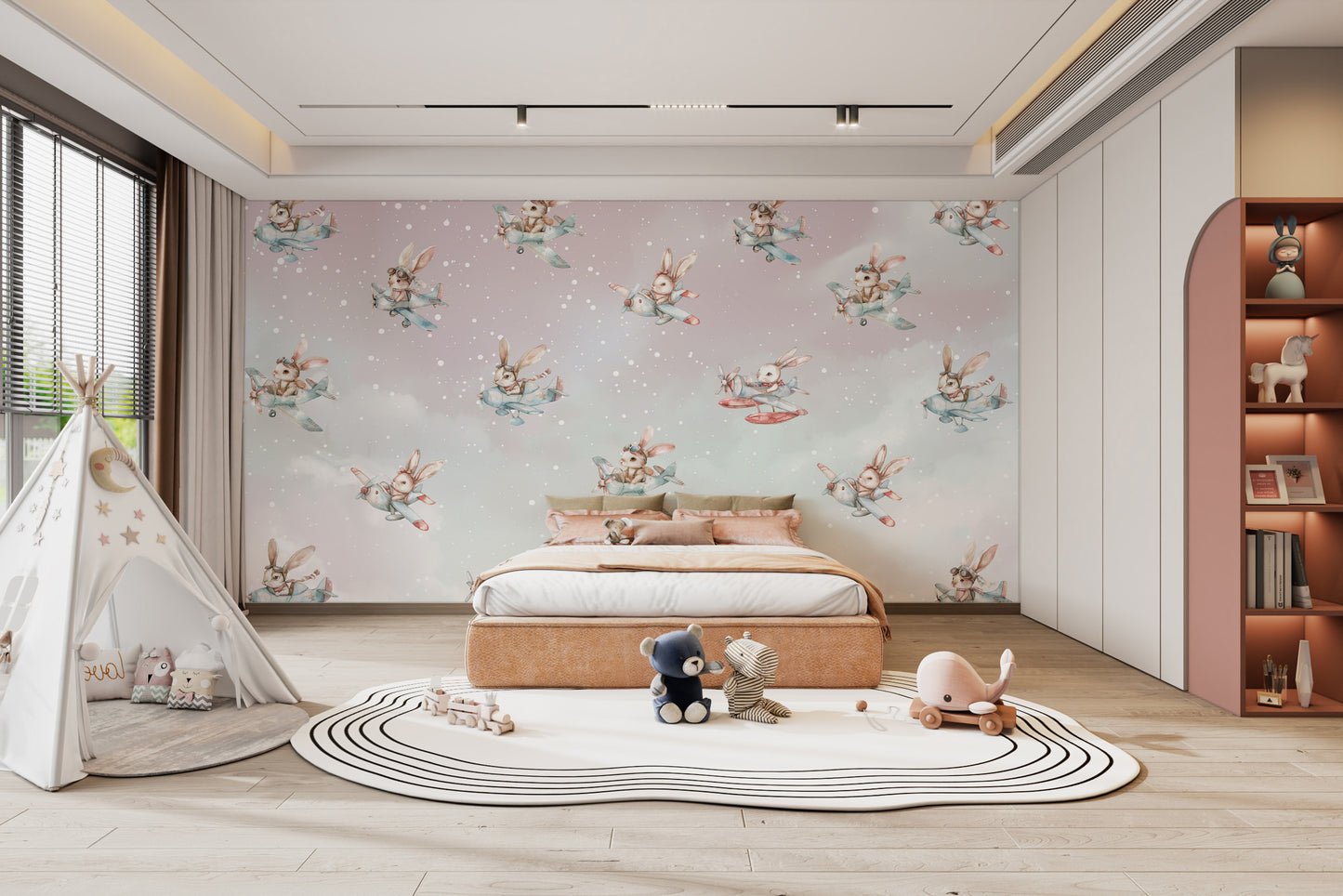 Playful bunnies flying airplanes in the sky-themed wallpaper.