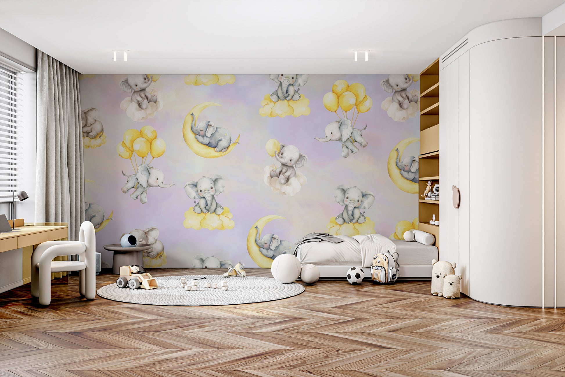 Pastel celestial wallpaper with baby elephants and yellow balloons.