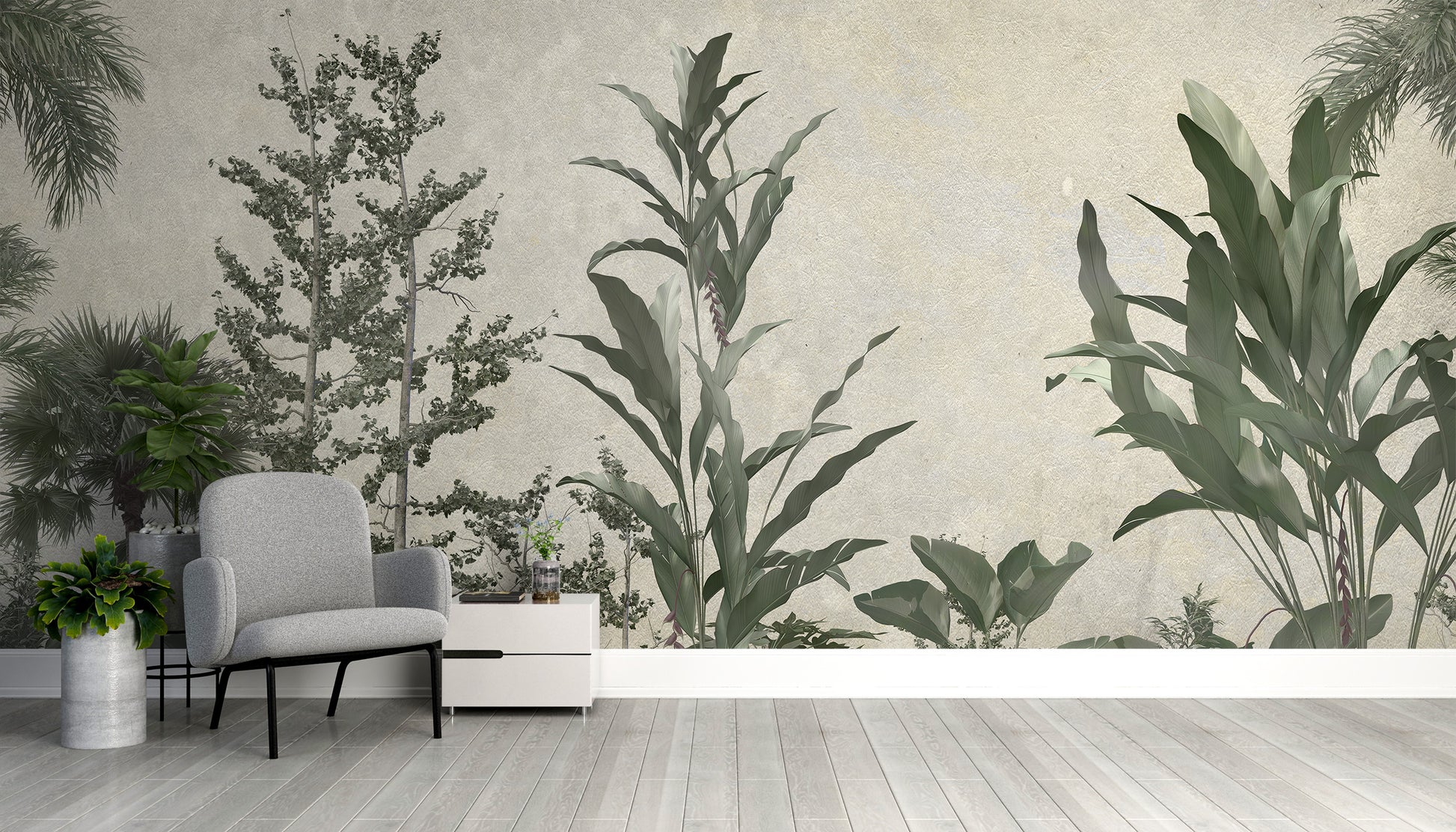 Lush Verdant Valleys wall mural for stylish living room interiors.