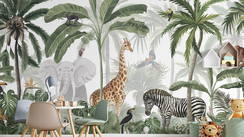 Jungle wallpaper with vibrant tropical plants, wild animals, and lush greenery, creating an adventurous, nature-inspired wall design.