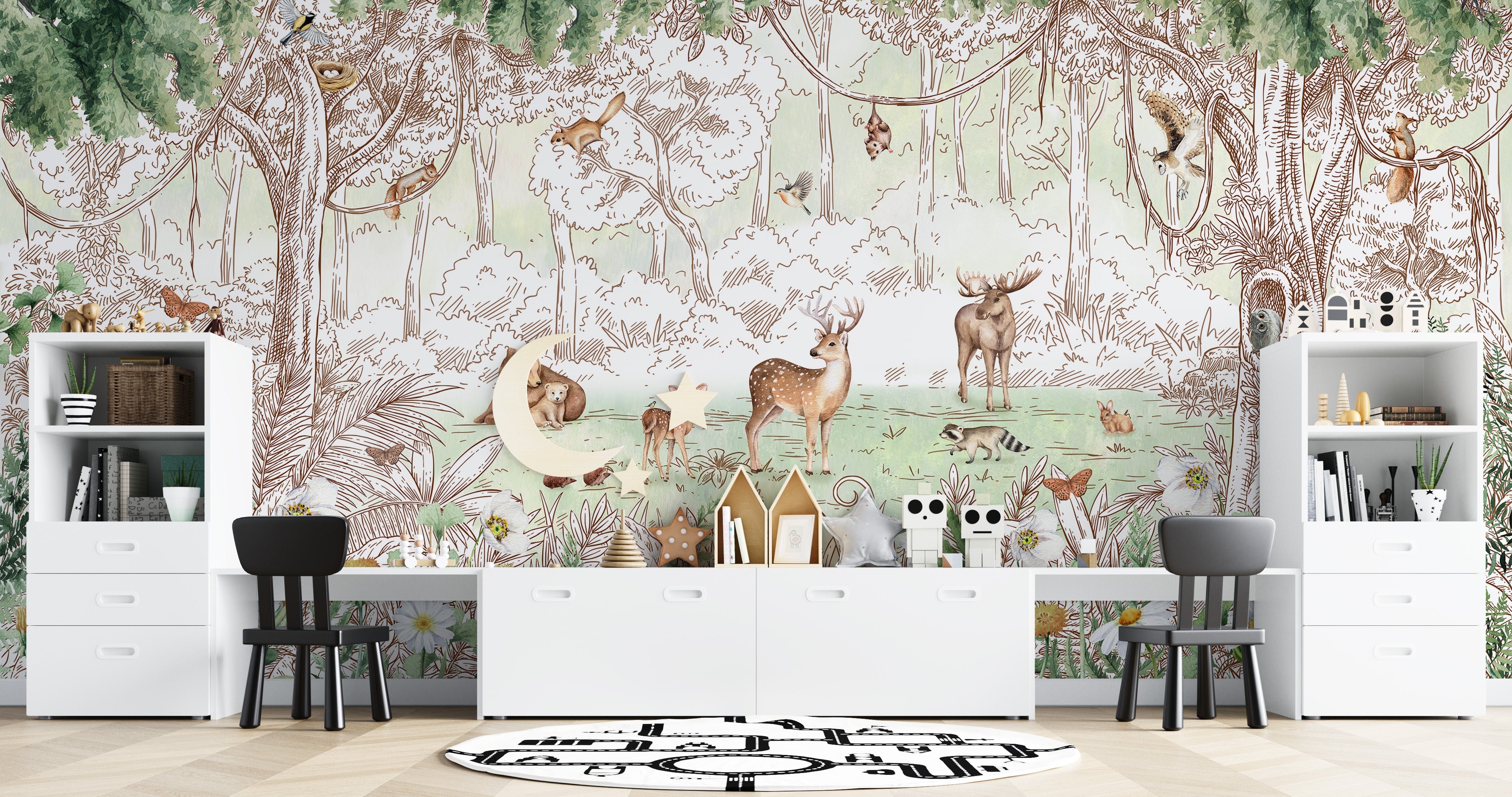 Forest friends wallpaper with spring season floral details