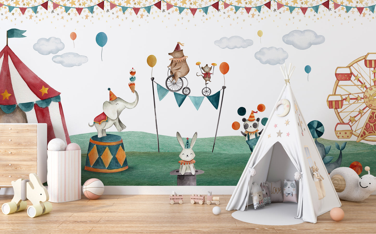 Crazy Circus Watercolour Bear Wallpaper Mural