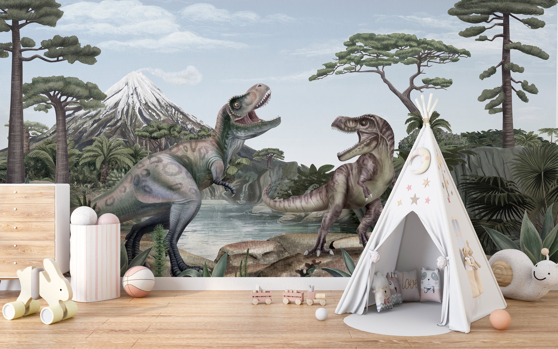 Dinosaur-themed mural wallpaper featuring T-Rex in action