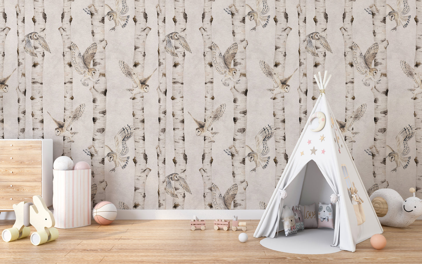 Owl Birch Forest Wallpaper - White