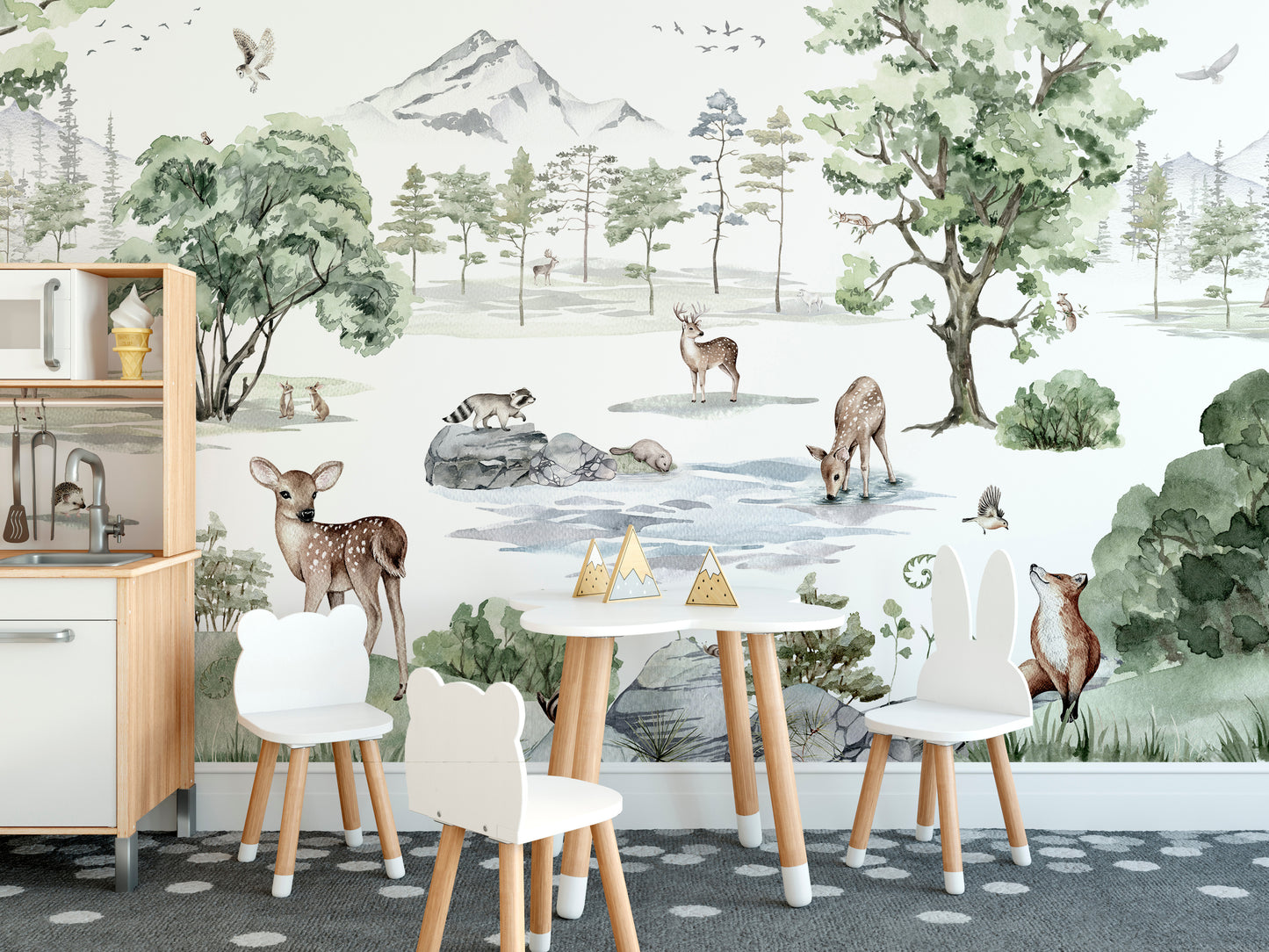 Watercolor winter forest wallpaper featuring deer and wildlife