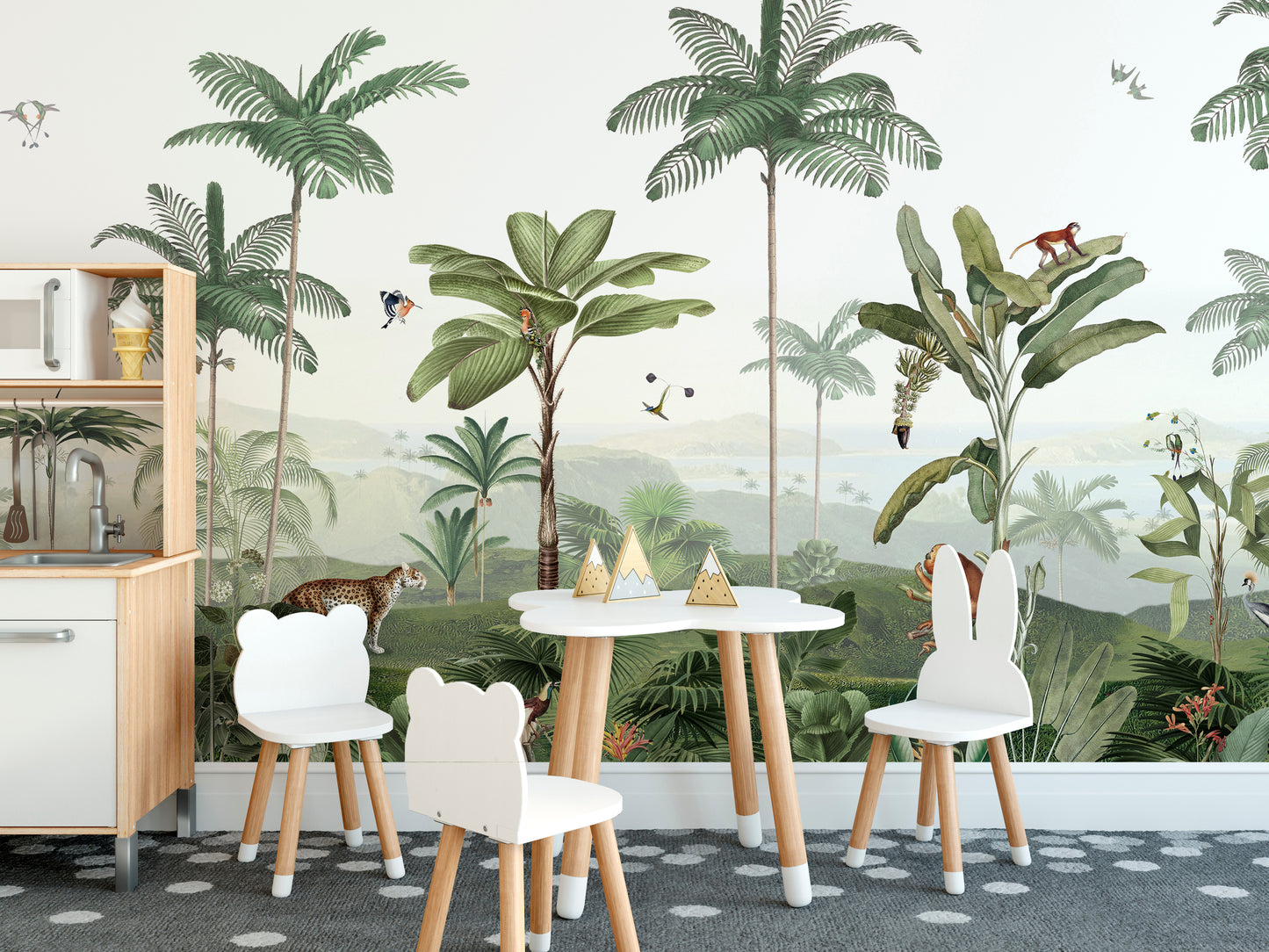 Wildlife and palm trees Thrilling Tropics mural wallpaper design