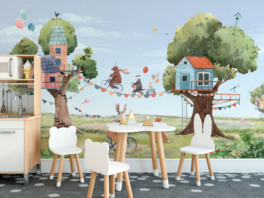 Treehouse party wallpaper with animals and festive decor