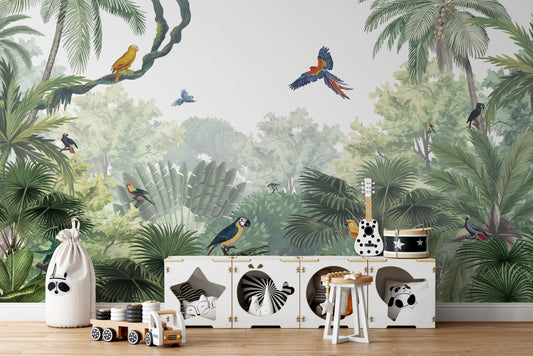 Tropical jungle wallpaper mural with vibrant canopy design