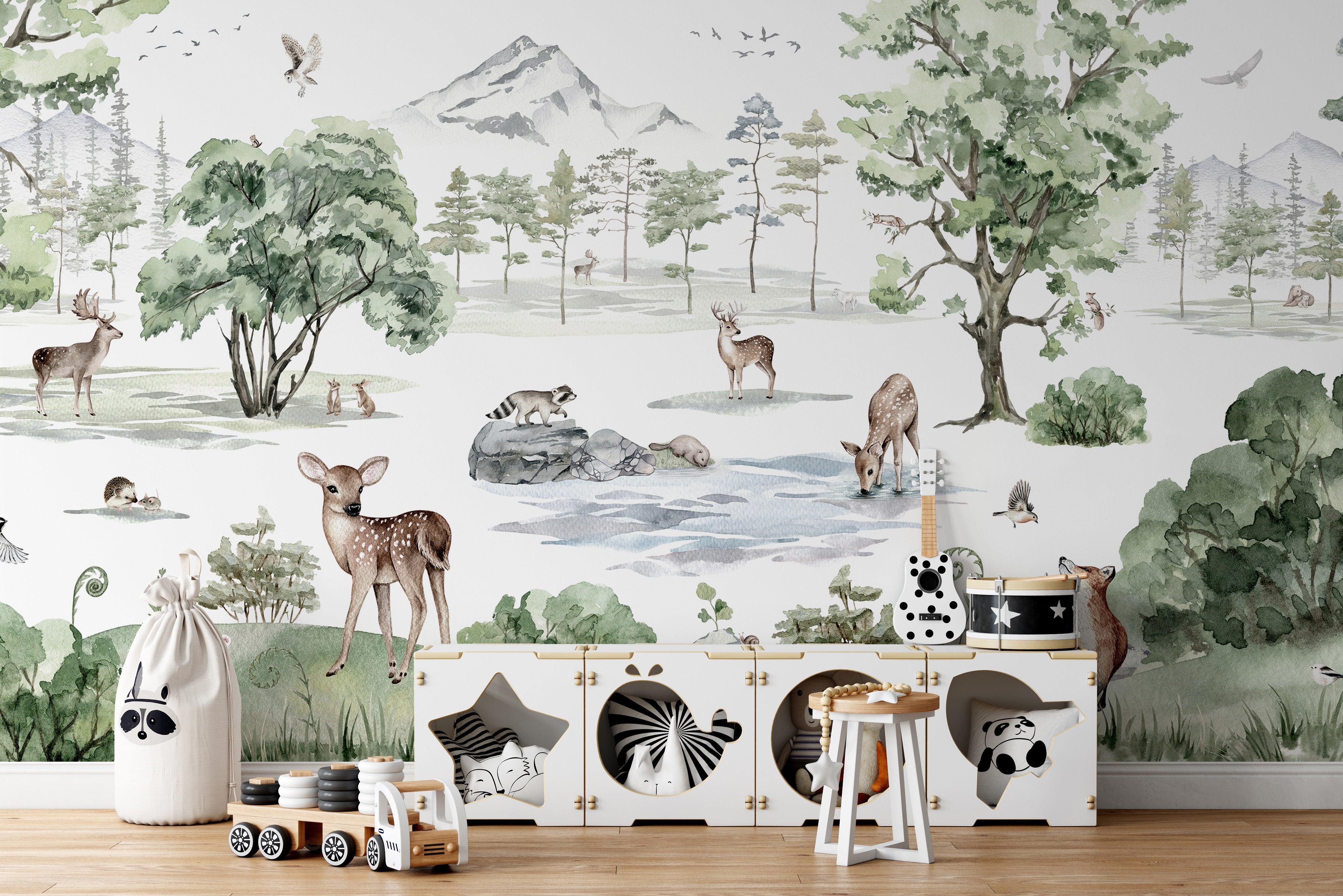 Winter forest wallpaper featuring deer and woodland animals