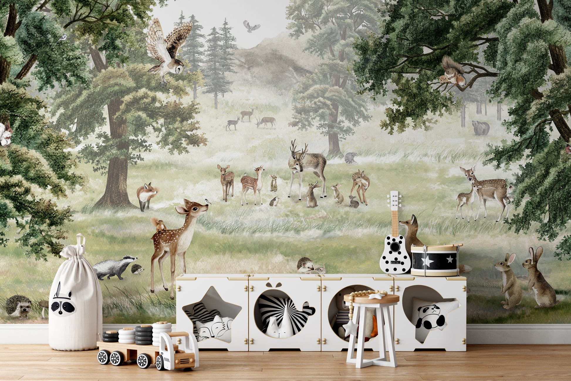 Kids room wallpaper with forest animals and playful scenery