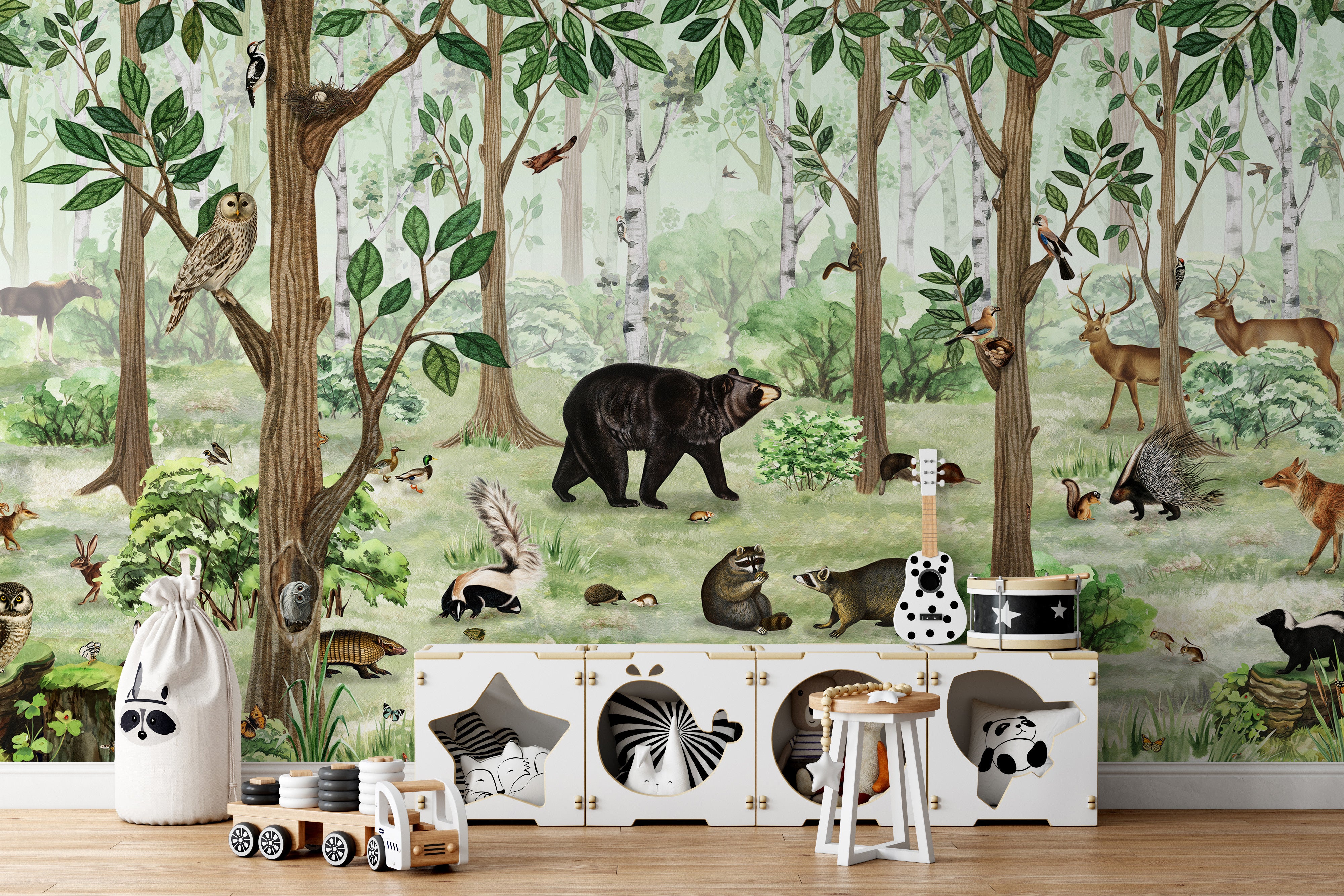 Woodland forest wallpaper murals with lush greenery and wildlife