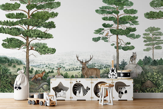 Forest Vista peel and stick wallpaper murals with wildlife