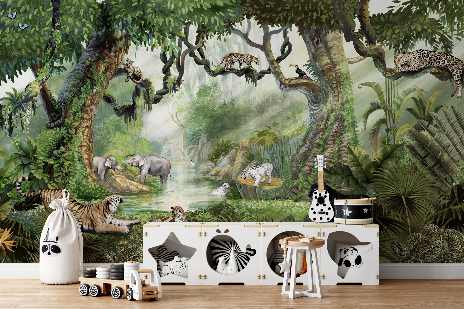 Luxurious jungle cats wallpaper featuring rainforest scenery