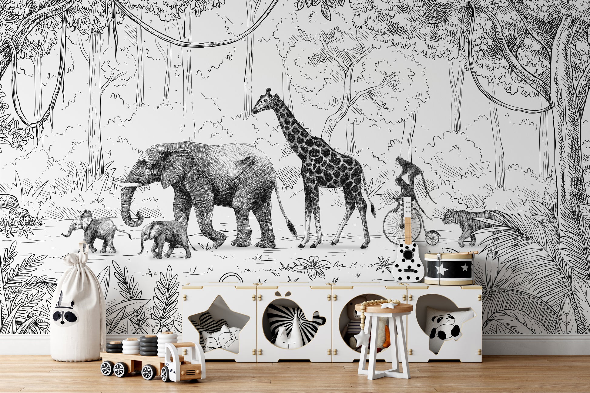 Animal Parade black and white wallpaper with jungle theme