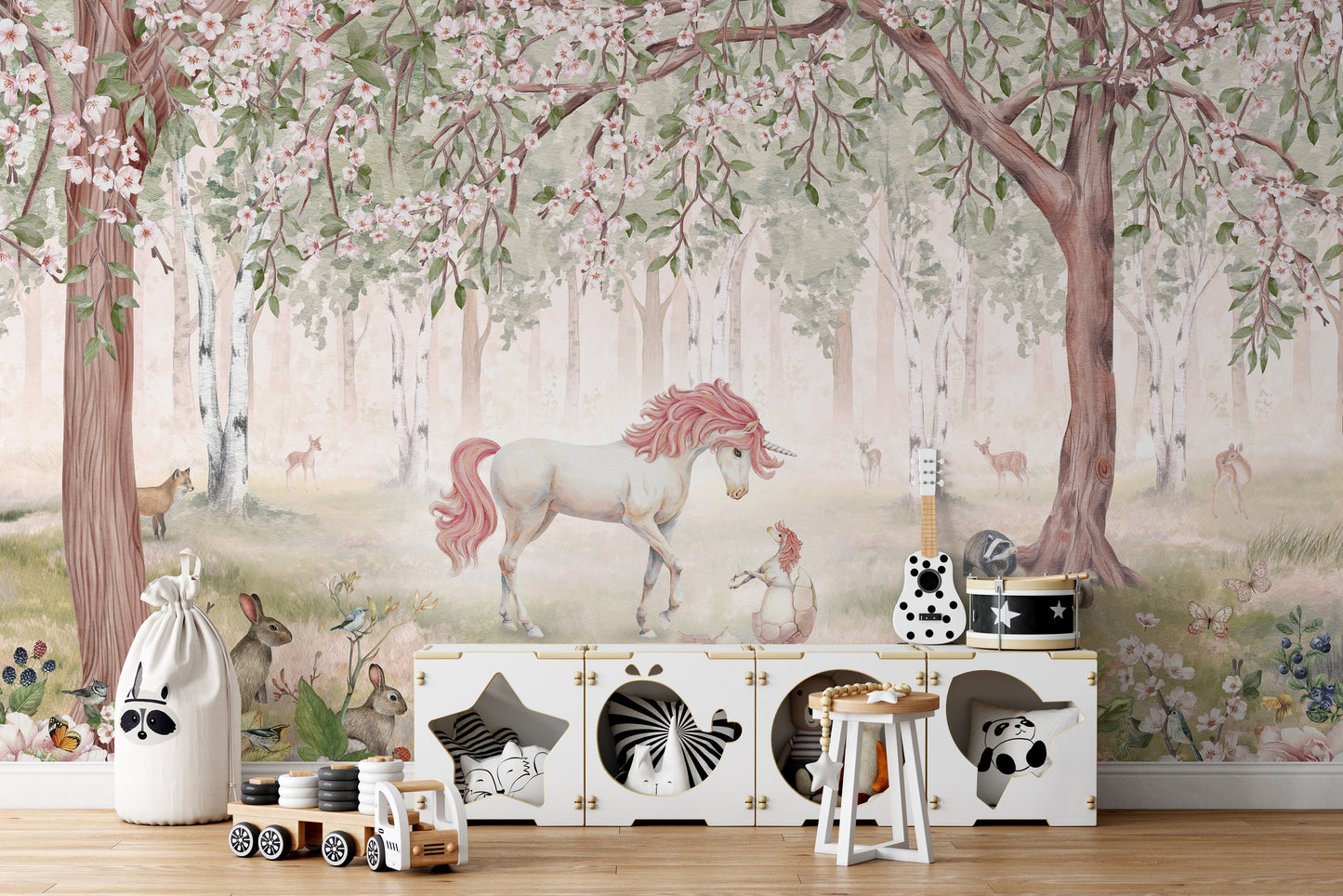 Unicorn Forest Green Wallpaper Mural - Giffywalls