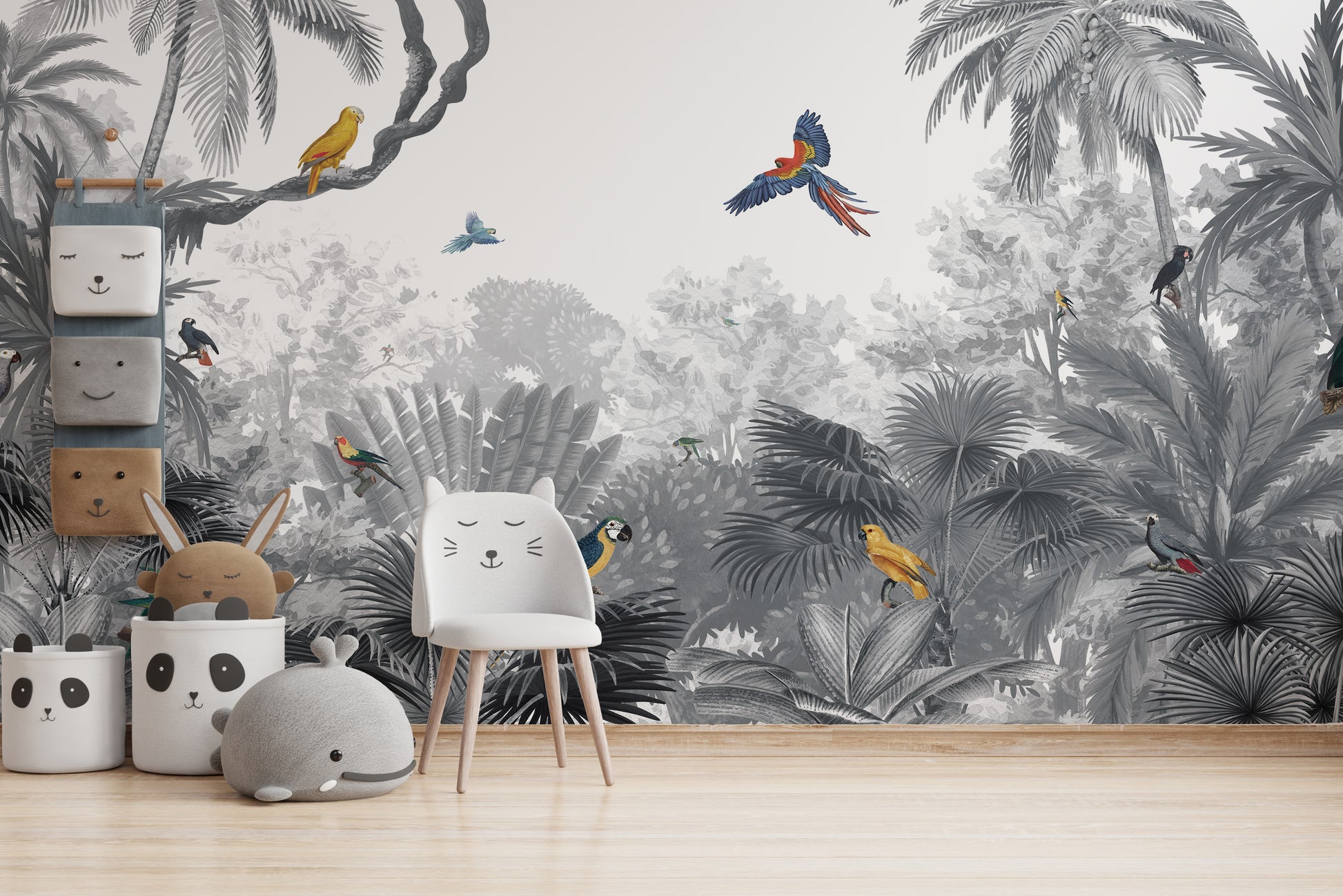 Jungle-themed wallpaper with colorful birds in monochrome