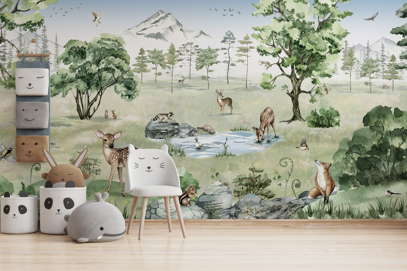 Watercolor deer wallpaper featuring forest and summer animals