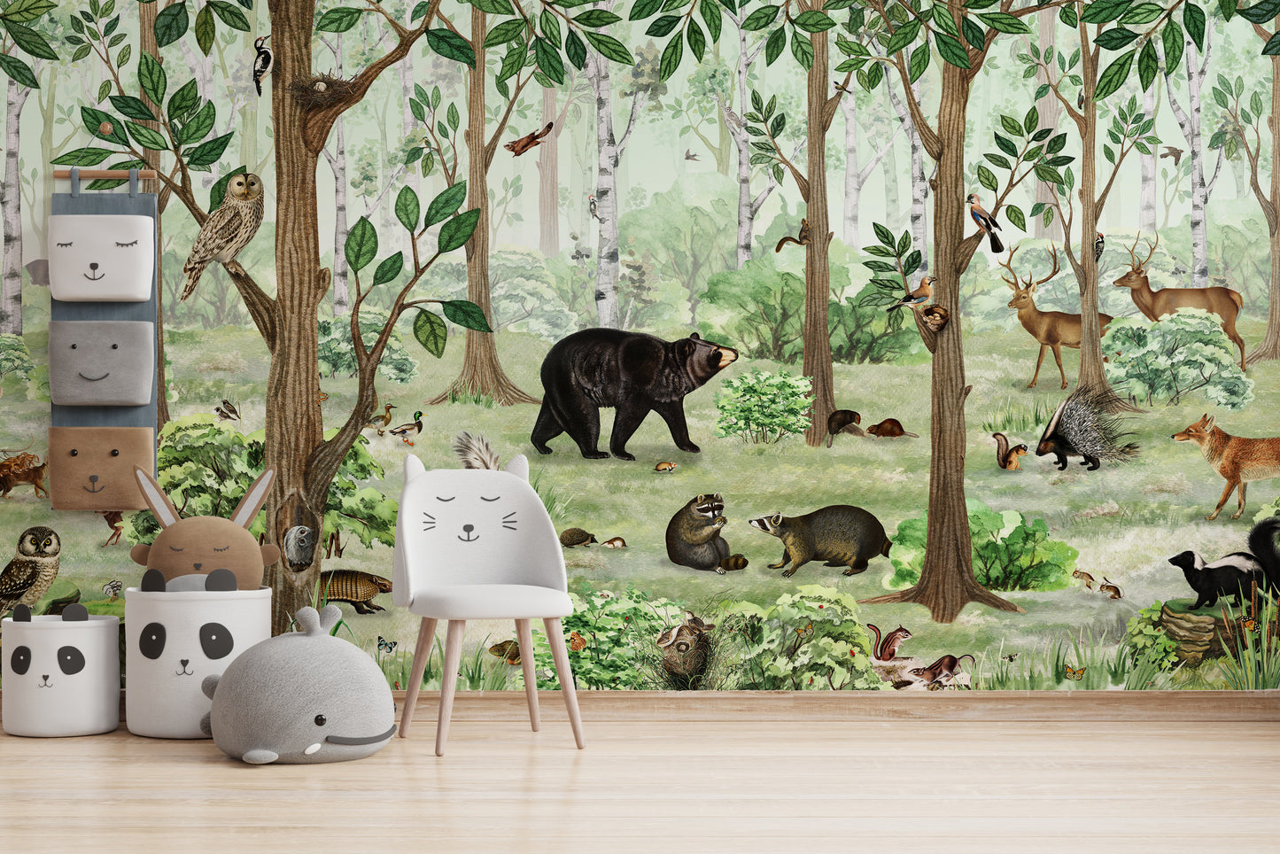 Forest-themed wallpaper murals with deer, bear, and fox