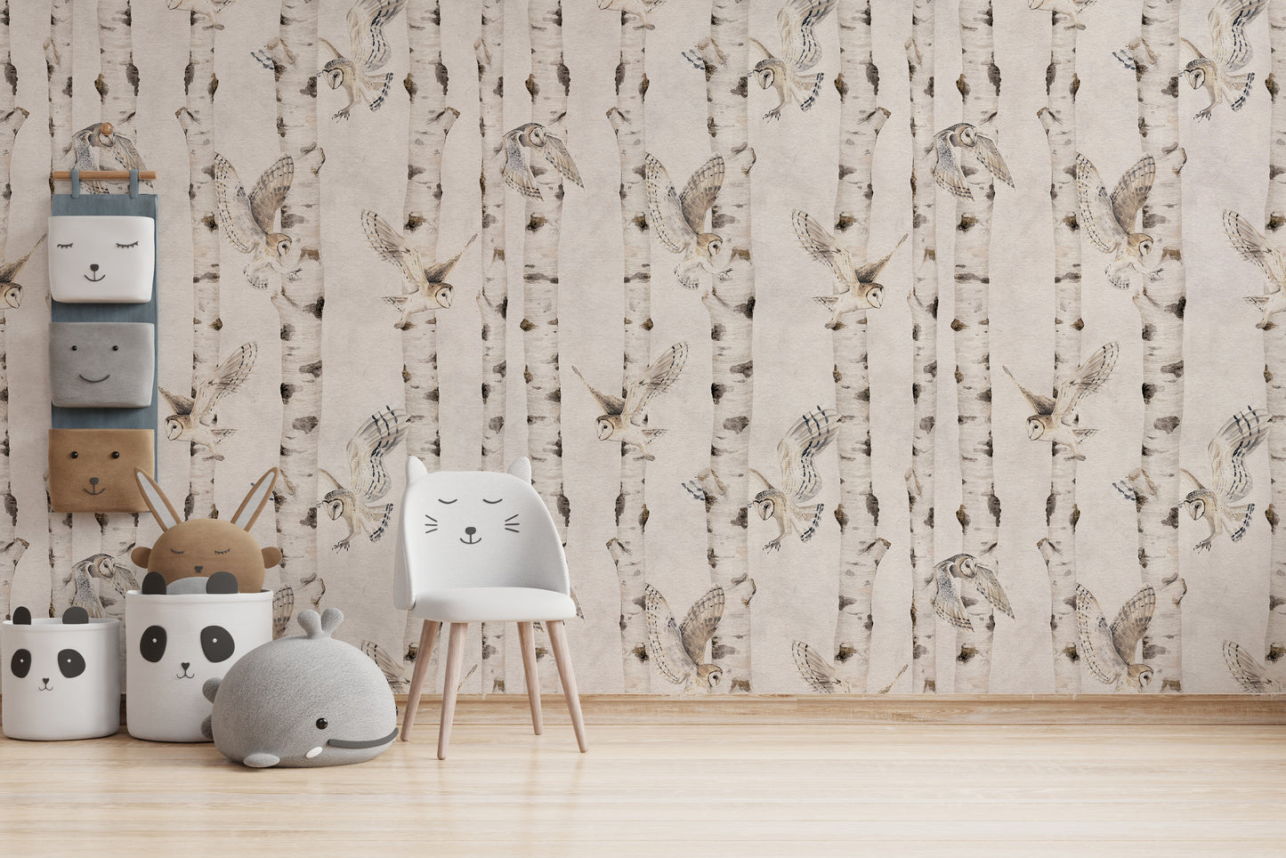 Owl Birch Forest Wallpaper - White