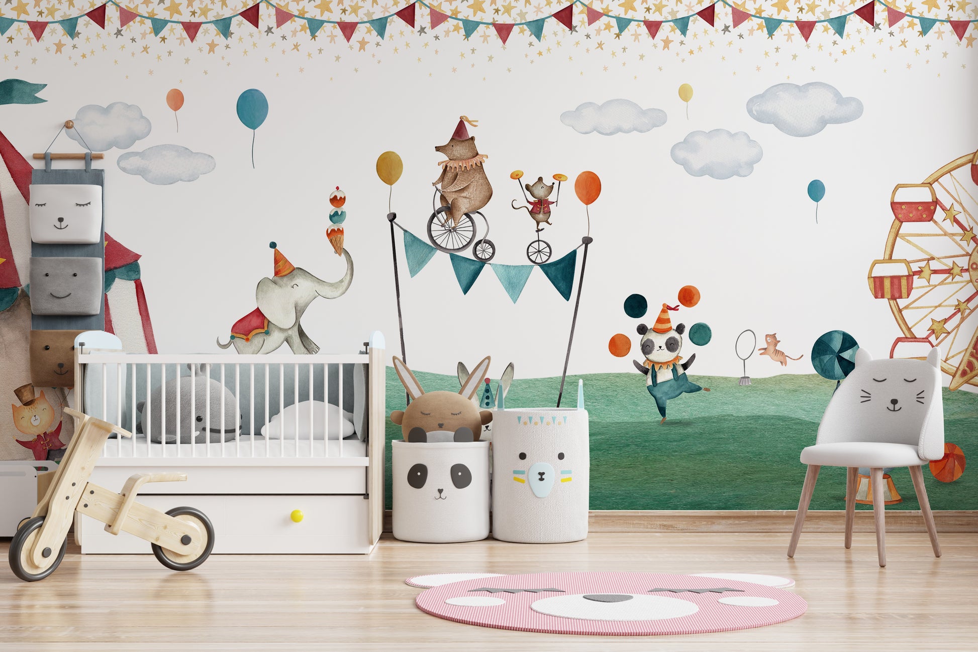 Kids room circus wallpaper mural with bear and fun design