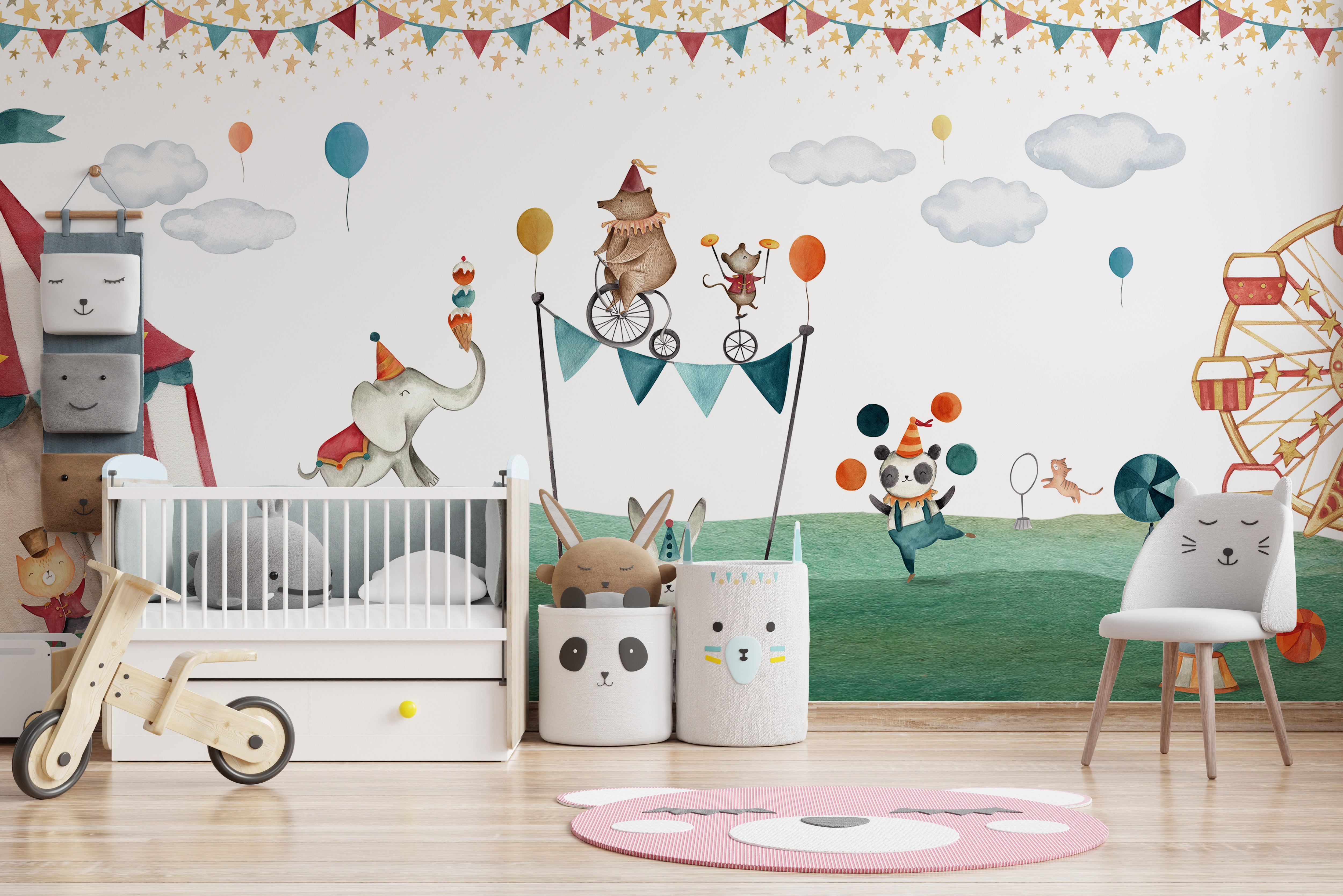 Kids room circus wallpaper mural with bear and fun design