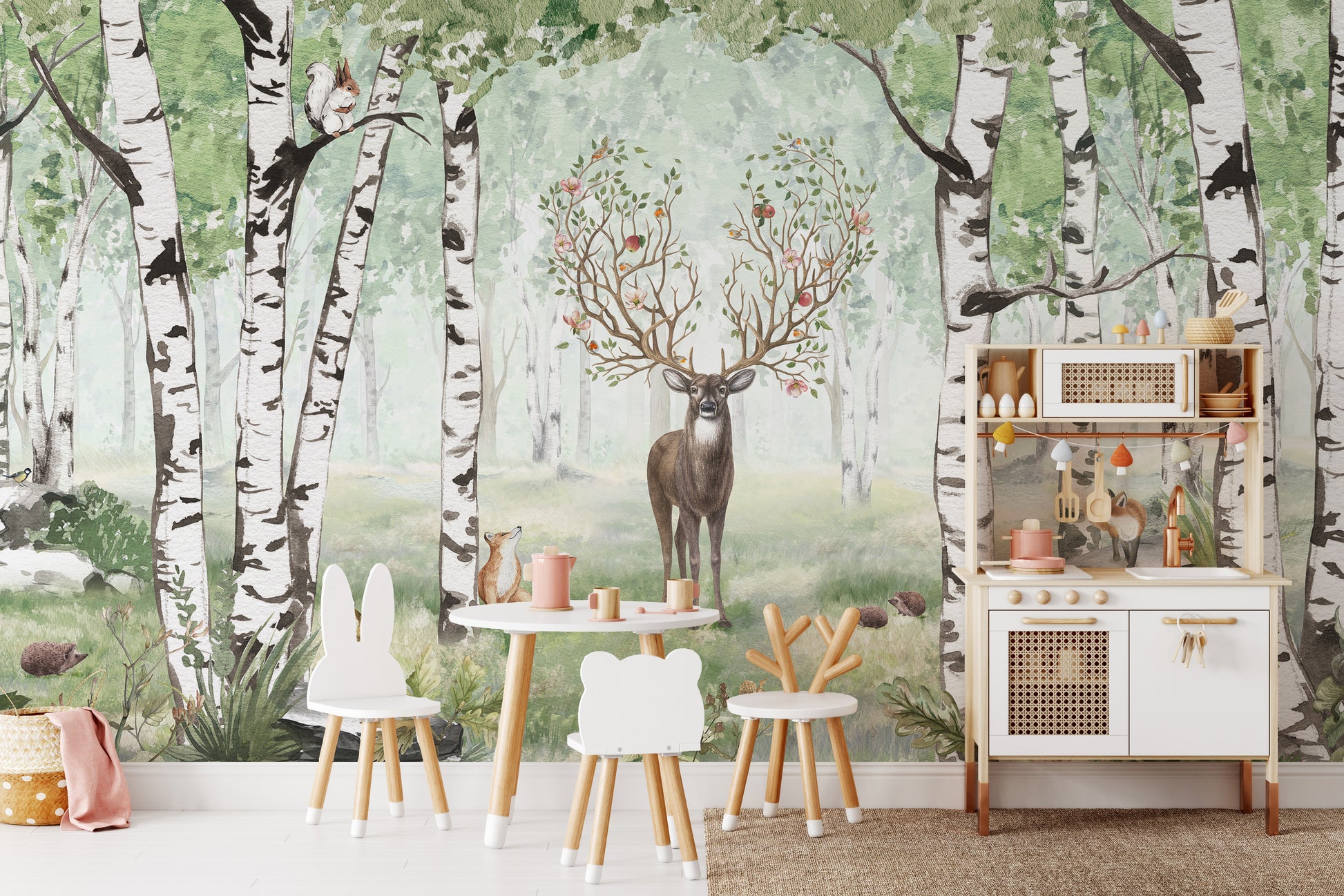 Woodland mural with deer, fox, and rabbits in greenery