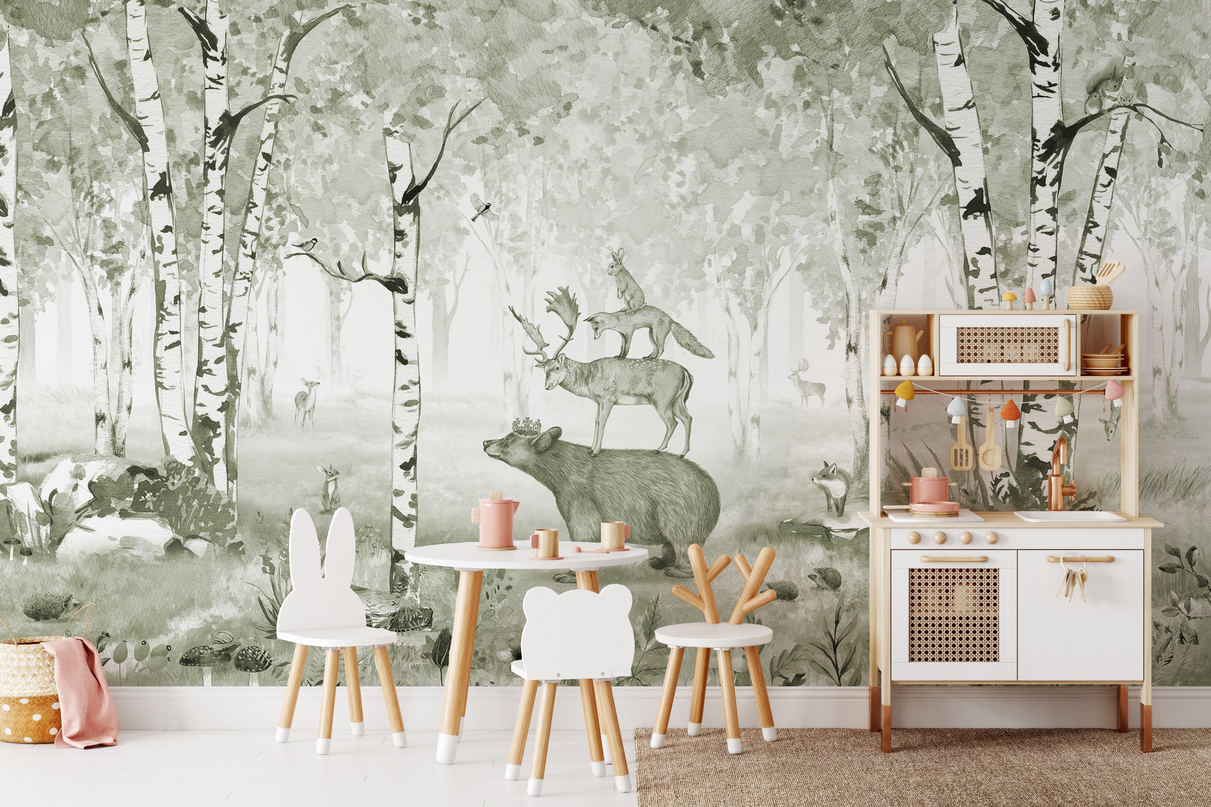 Green bear king wallpaper featuring woodland animals in forest