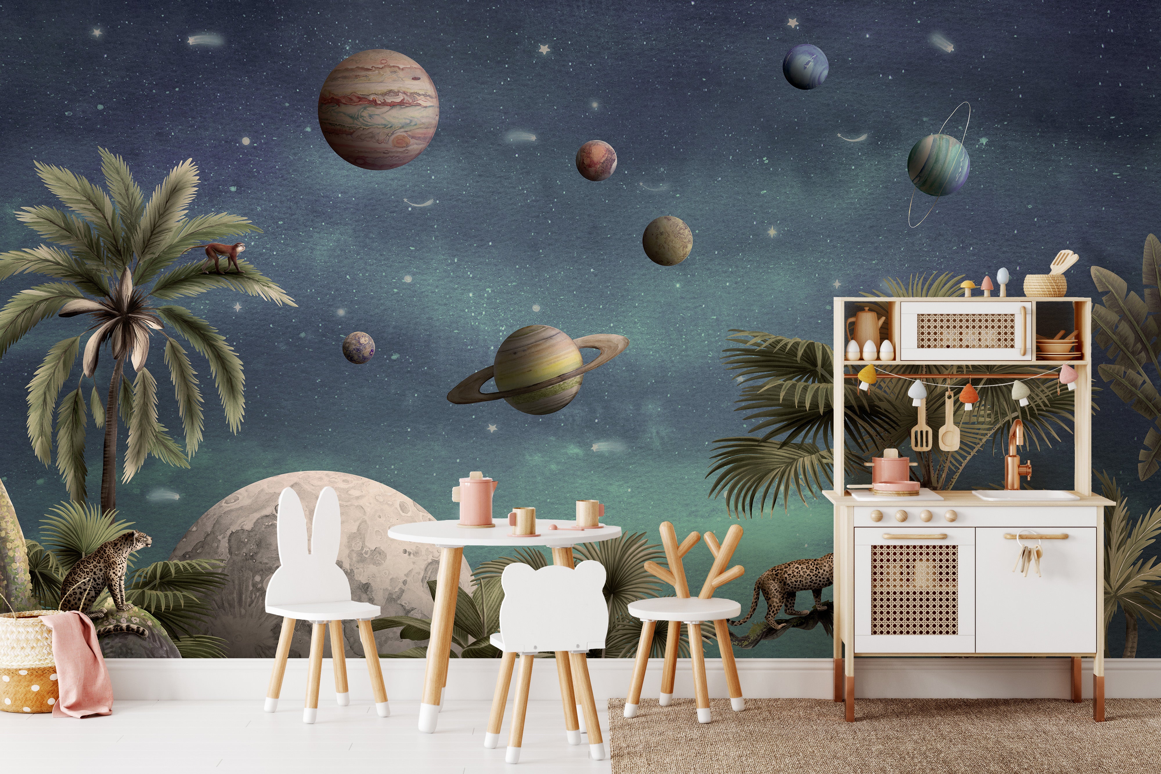 Outer space wallpaper with planets, stars, and greenery