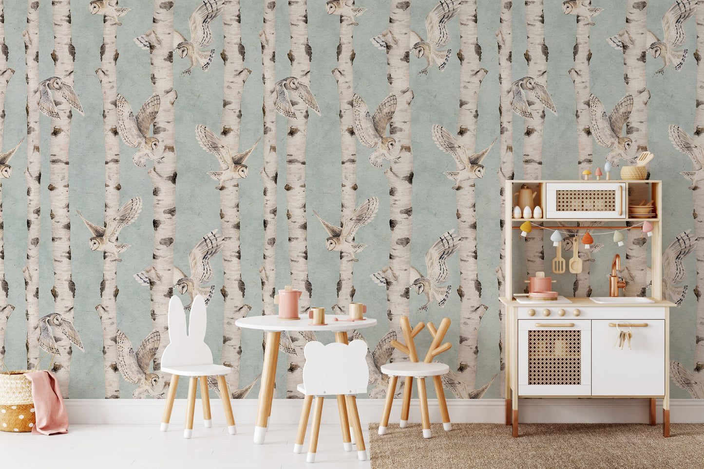 Owl Birch Forest Wallpaper - Blue