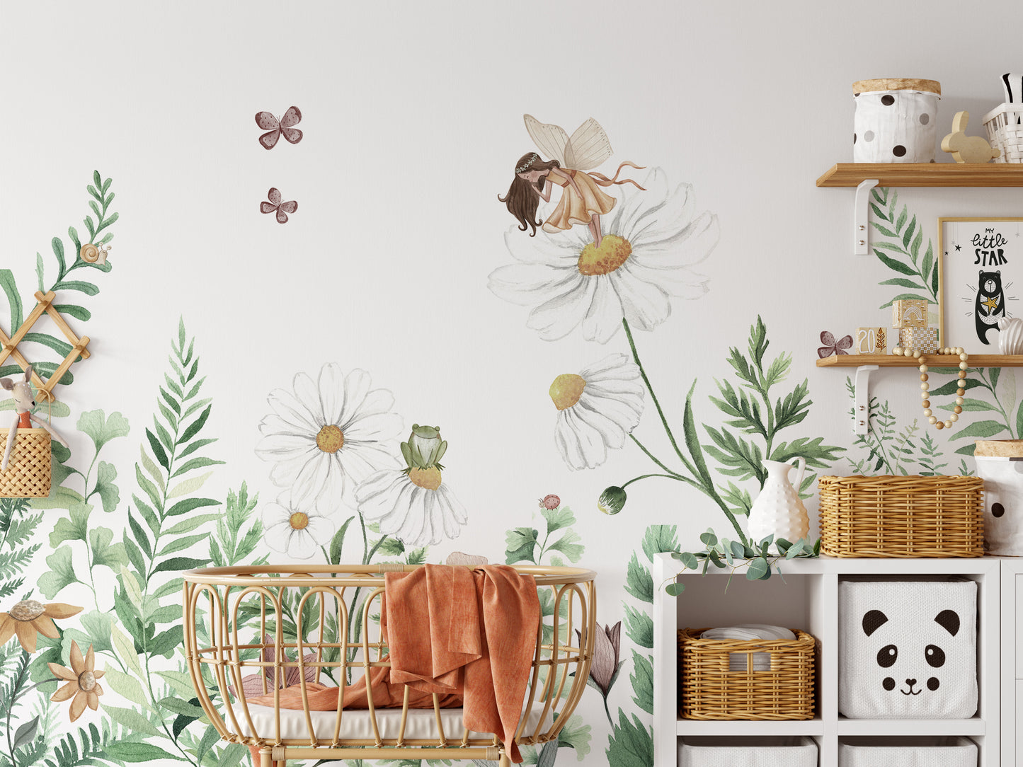 Fairy-themed garden wallpaper murals with delicate flowers