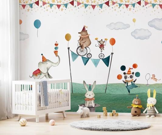 Crazy circus wallpaper mural with bear and fun elements