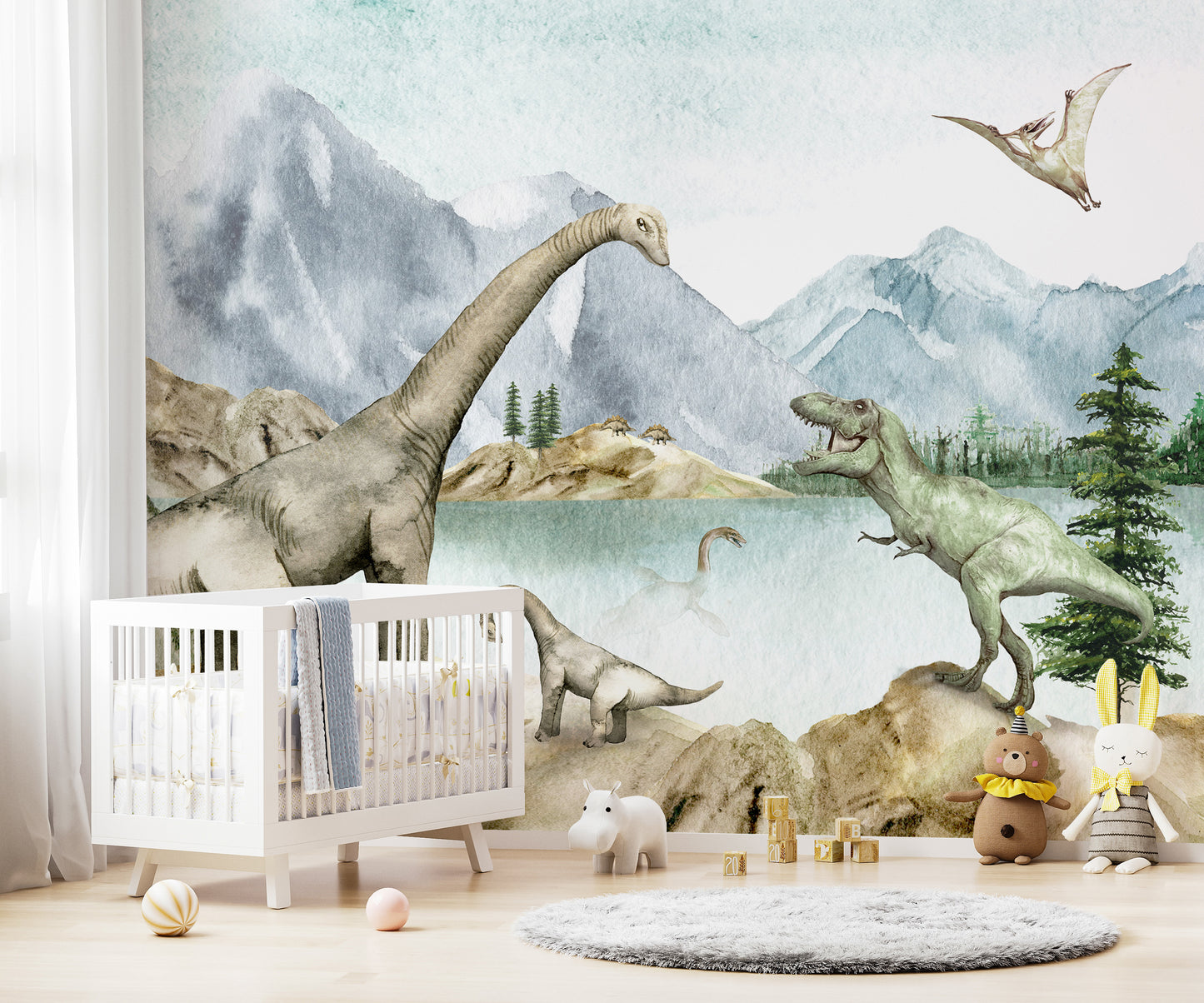 Kids room wallpaper featuring dinosaurs in prehistoric scene