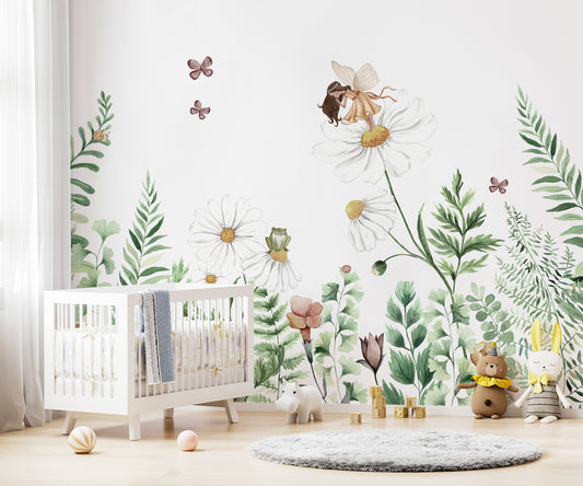 Fairy garden flowers wallpaper murals with whimsical design