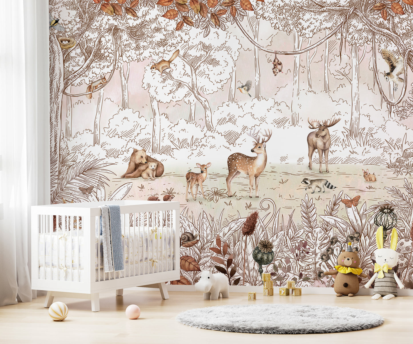 Forest friends wallpaper mural with fall leaves and wildlife