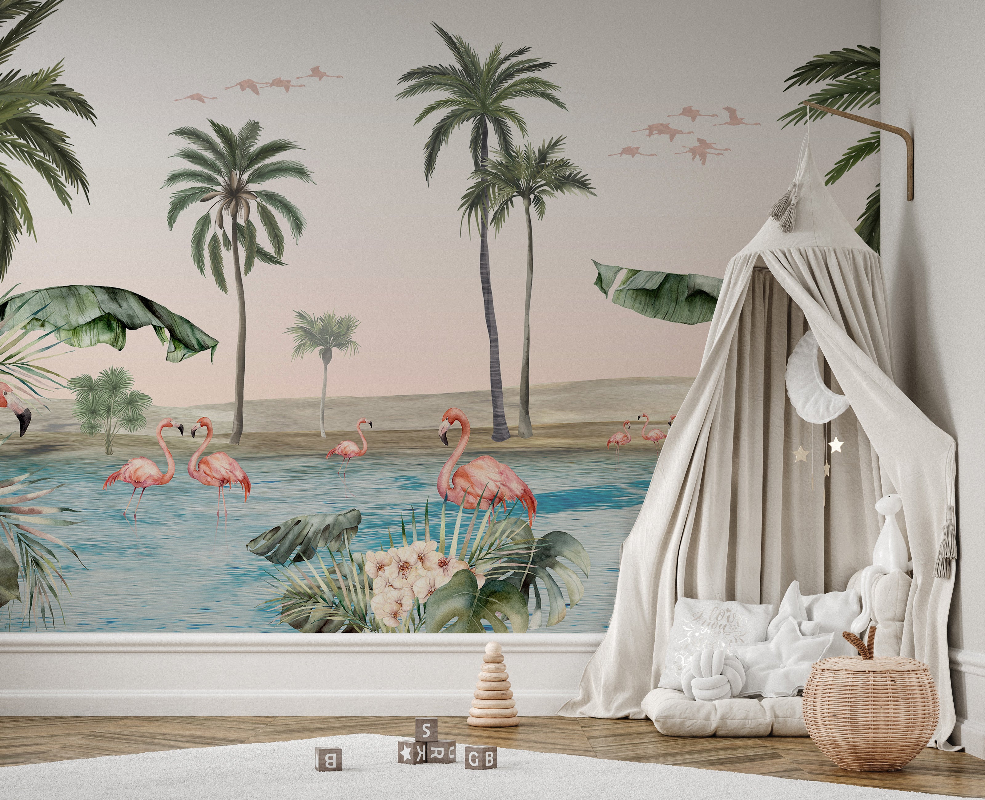 Flamingo wallpaper mural with pink background and greenery