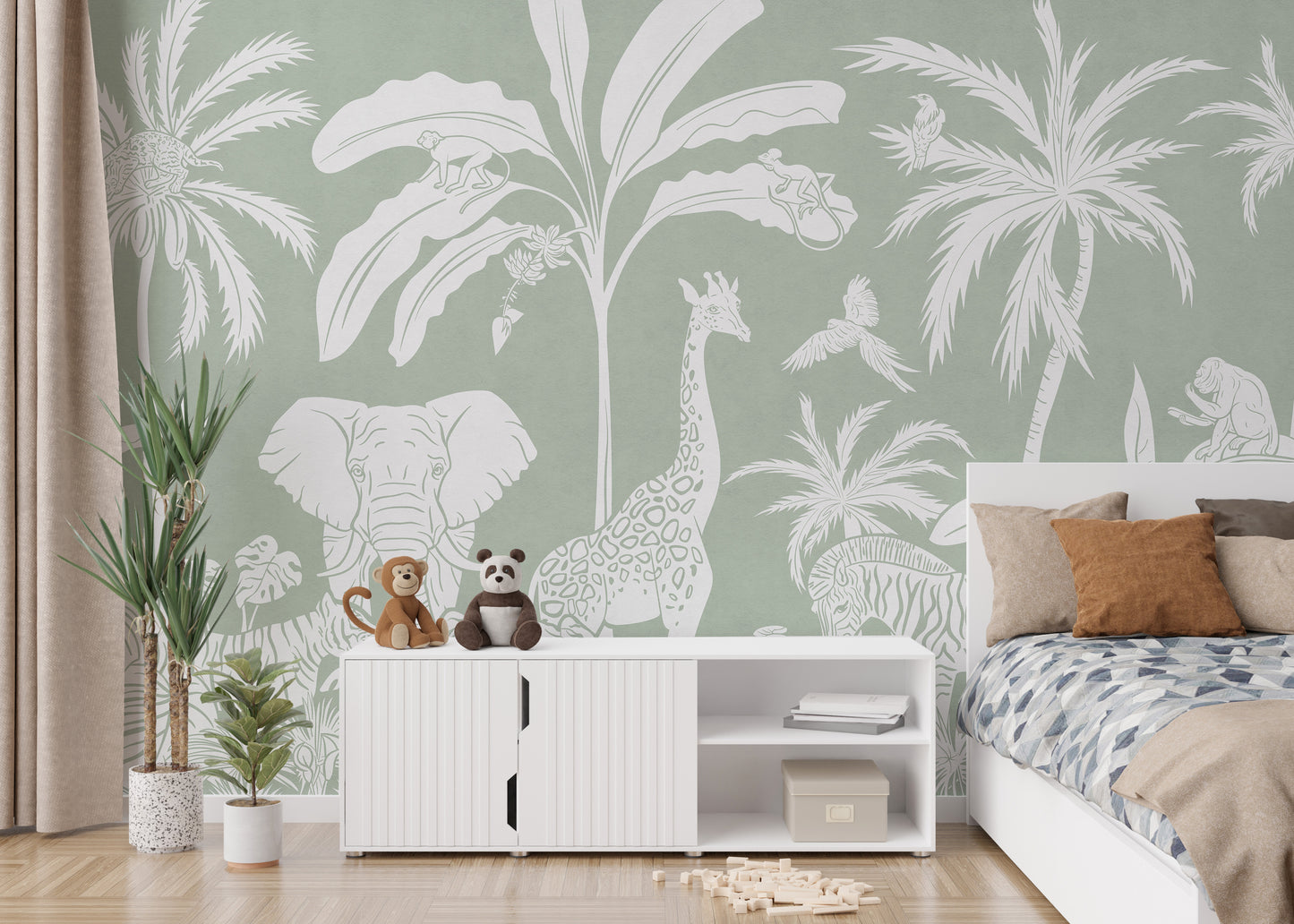 Monochrome Jungle Green Wall Mural - Giffywalls